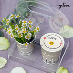 Gateau Gourmet Cafe clear plastic to-go cup for desserts holding a flower pot and a dessert cup with happy face decoration