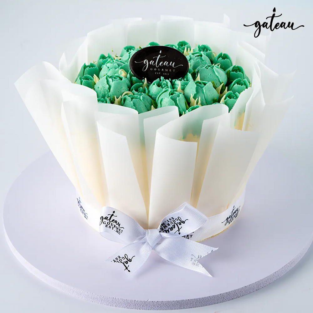 Gateau Gourmet Cafe Green and White Cake with Tulip-and-Baby-Rose Design Perfect for Special Celebrations