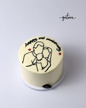 Unique anniversary cake designs by Gateau Gourmet Cafe featuring simple family sketch and happy 2nd anniversary text