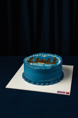 Gateau Gourmet Cafe Golden Minaret Mini Cake with blue frosting and mosque design on top