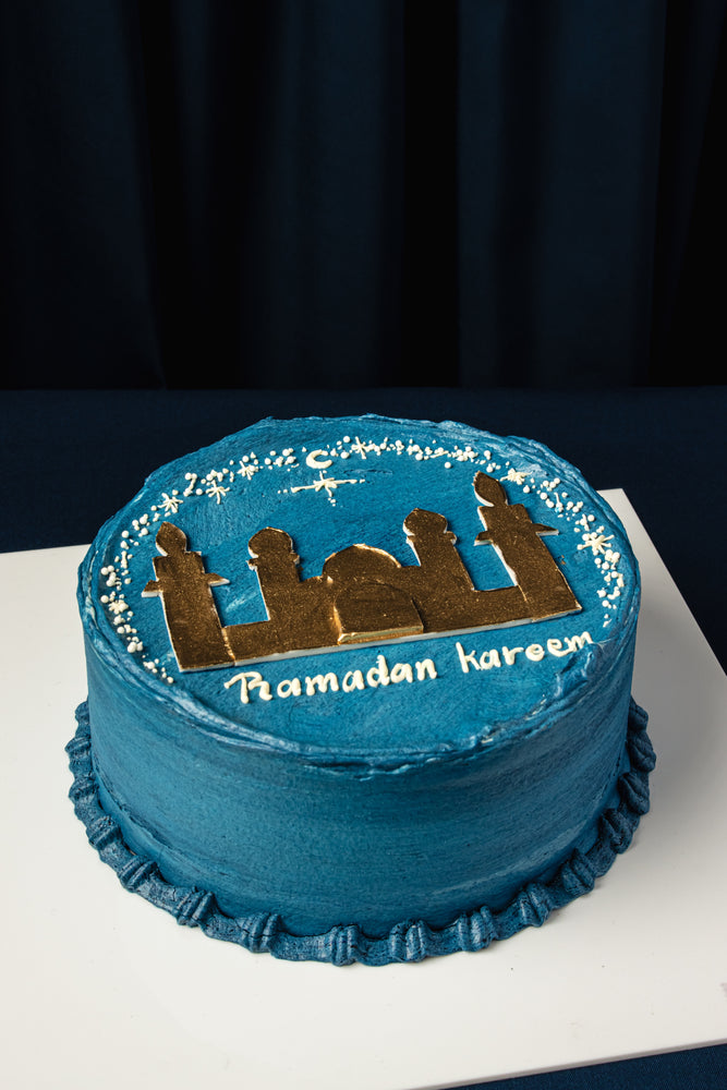 Gateau Gourmet Cafe Golden Minaret Mini Cake with blue frosting and Ramadan Kareem decoration