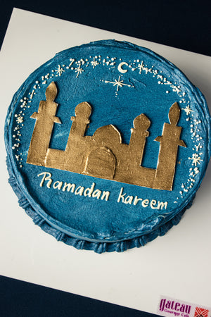 Golden Minaret Mini Cake by Gateau Gourmet Cafe with blue frosting and golden mosque design for Ramadan