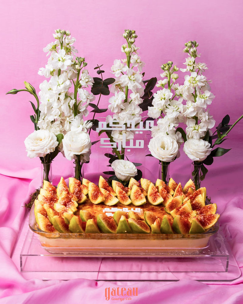 Delicious gourmet fig dessert for special occasions surrounded by elegant flower arrangements