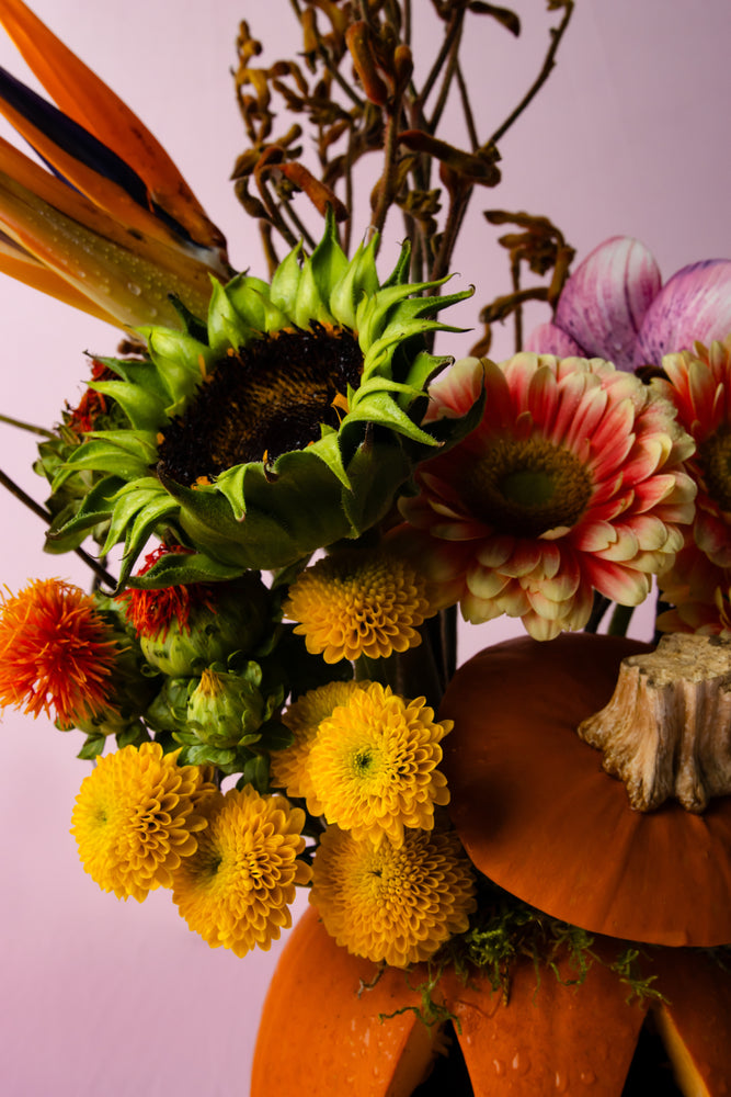 Halloween pumpkin flower arrangement featuring vibrant sunflowers and colorful blooms