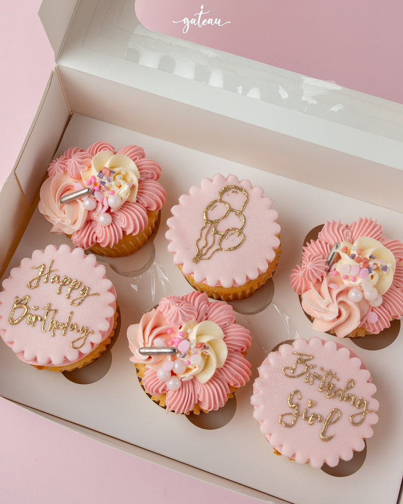 Gateau Gourmet Cafe handcrafted cupcakes online pink birthday cupcakes with decorative frosting and gold lettering