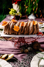 Gateau Gourmet Cafe chocolate cake decorated with autumn leaves for holiday season desserts