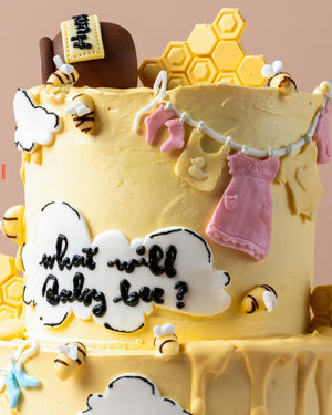 Honey Bee Themed Cake decorated with clouds, bees, and cute baby clothes for special celebrations