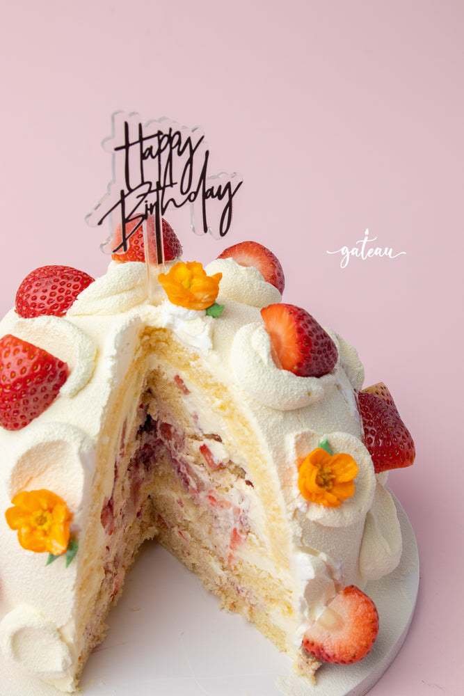 Ice Mountain Strawberry Cake with Fresh Strawberries and Happy Birthday Topper for Celebrations