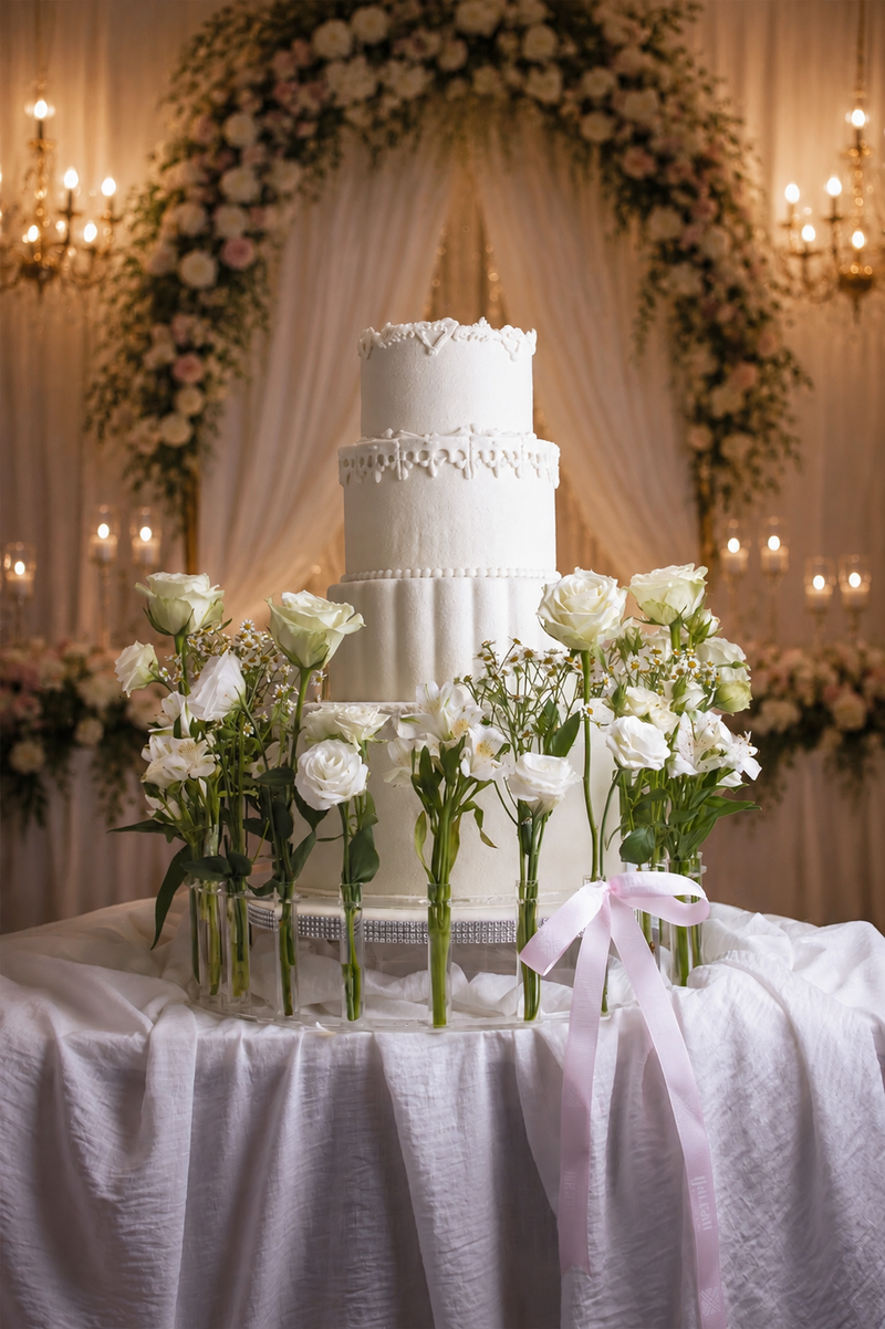 Pure White Wedding Cake with Flower Arrangement — handcrafted by Gateau Gourmet, Abu Dhabi
