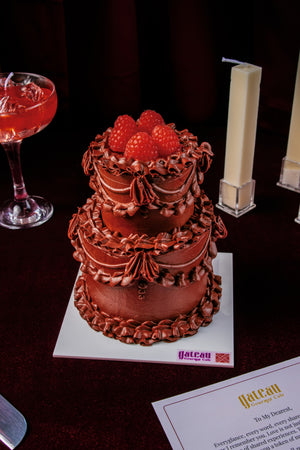 Lace Classic Mini Cake With Candle featuring elegant decorations and fresh raspberries on top