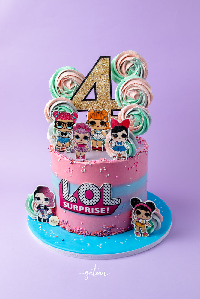 Colorful LOL themed birthday cake with four, featuring doll toppers and swirled icing