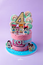 Colorful LOL themed birthday cake with four, featuring doll toppers and swirled icing