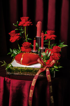Love Mousse Cake With Arrangement featuring red roses and decorative candles for special celebrations