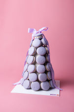 Lavender Macaroons Tower from Gateau Gourmet Cafe beautifully arranged with a ribbon on top