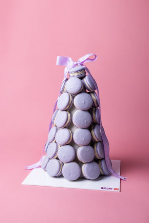 Lavender Macaroons Tower from Gateau Gourmet Cafe beautifully arranged with a ribbon on top