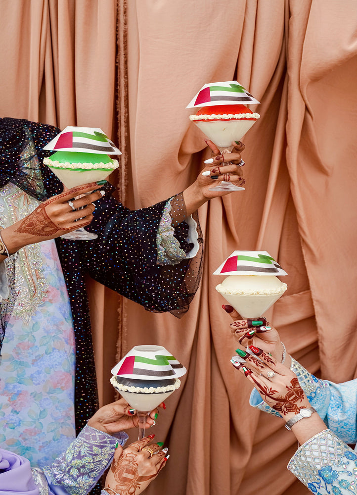 National Day cake in goblet decorated with festive colors at Gateau Gourmet Cafe