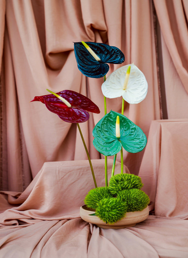 Elegant National Day flower arrangement featuring colorful anthuriums on a stylish base