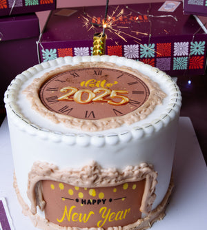 NEW YEAR REVEAL CAKE with festive decorations and clock design for celebrating the New Year
