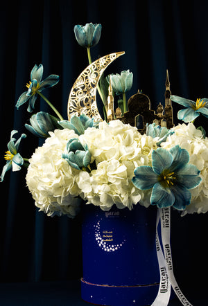 Elegant Ramadan Flower Bouquet with blue flowers, white hydrangeas, and decorative crescent moon