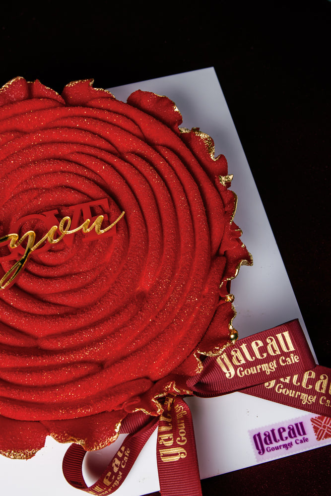 Elegant Red Rose Mousse Cake With Candle featuring sparkling rose design and gourmet ribbon from Gateau Gourmet Cafe