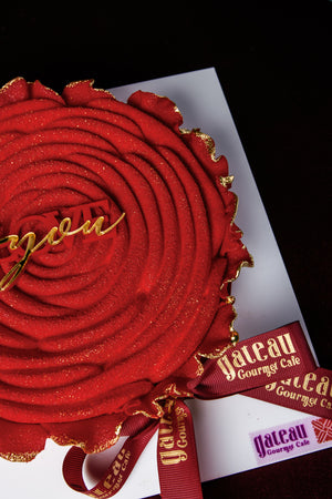 Elegant Red Rose Mousse Cake With Candle featuring sparkling rose design and gourmet ribbon from Gateau Gourmet Cafe